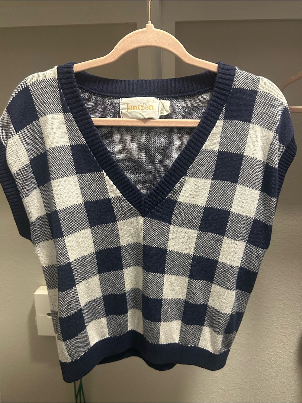 Jantzen Navy and Cream Checked V-Neck Sweater Vest